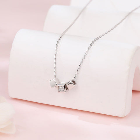 925 Sterling Silver Elegant Zircon Cube Necklace With Silver Chain And Modern Design