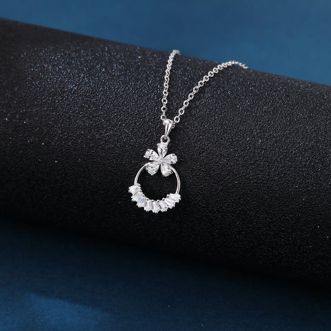 925 Sterling Silver Elegant Zircon Flower Pendant Necklace With Silver Chain