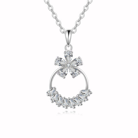 925 Sterling Silver Elegant Zircon Flower Pendant Necklace With Silver Chain