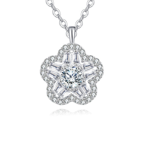 925 Sterling Silver Elegant Floral Zircon Pendant Necklace With Round Center Stone And Baguette Accents