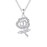 925 Sterling Silver elegant Silver Rose Pendant Necklace With Sparkling Zircons