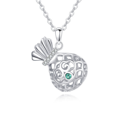 925 Sterling Silver Elegant Silver Pearl Sphere Necklace With Green Gem And Zircon Accents