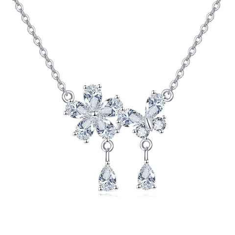 925 Sterling Silver Elegant Zircon Floral Necklace With Teardrop Charm Pendant