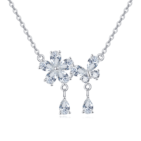 925 Sterling Silver Elegant Zircon Floral Necklace With Teardrop Charm Pendant