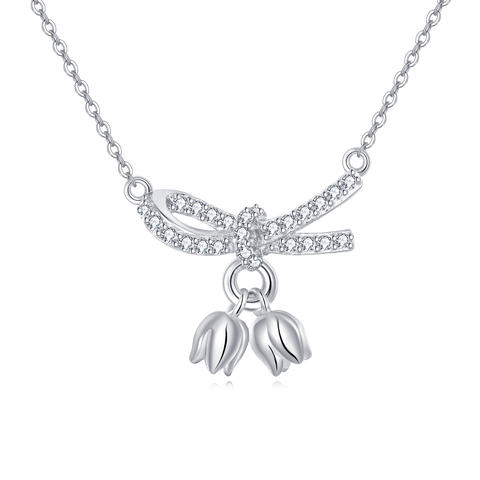 925 Sterling Silver Zircon Bow Necklace With Tulip Charms - Elegant Feminine Jewelry