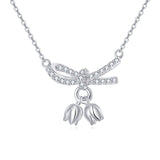 925 Sterling Silver Zircon Bow Necklace With Tulip Charms - Elegant Feminine Jewelry