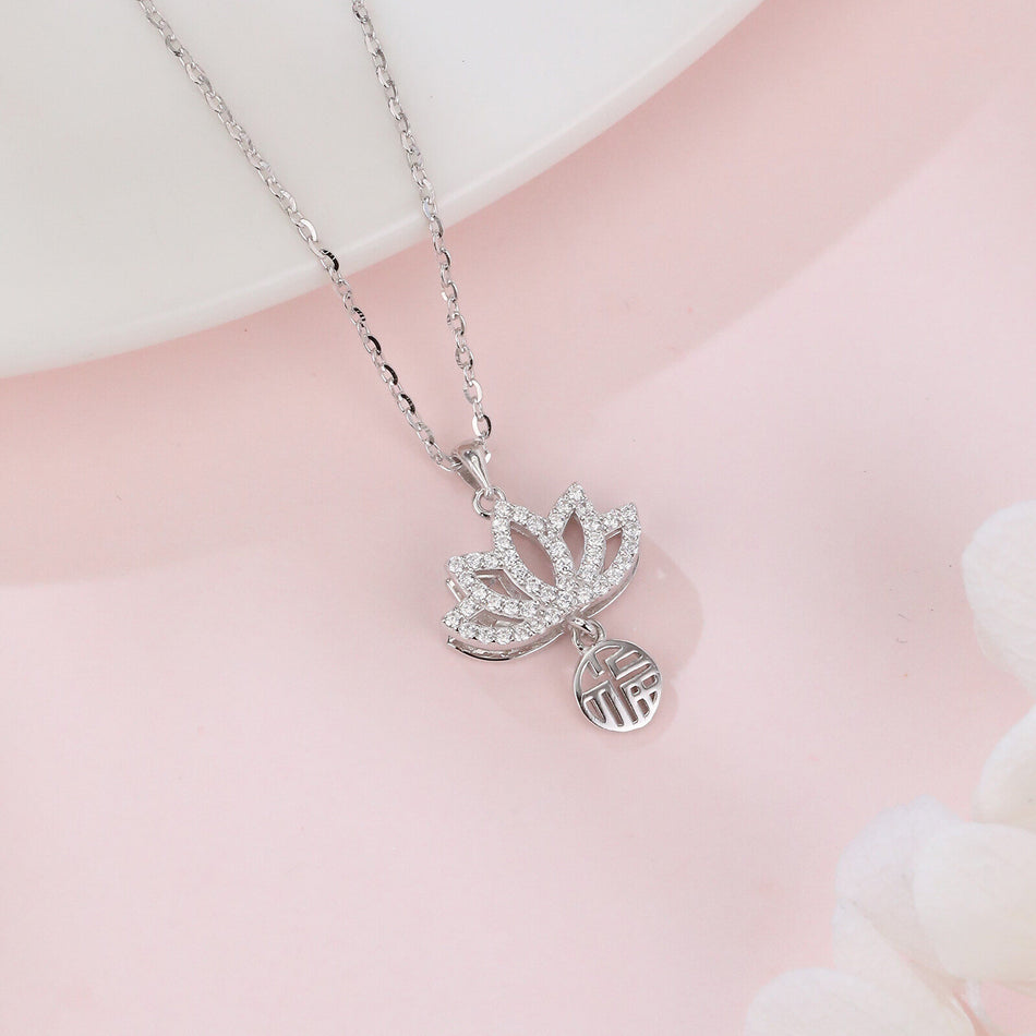 925 Sterling Silver Elegant Lotus Flower Necklace With Sterling Silver And Cubic Zirconia Charm