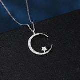 925 Sterling Silver Elegant Silver Crescent Moon & Star Zircon Pendant Necklace