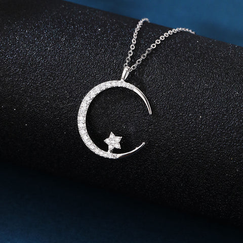 925 Sterling Silver Elegant Silver Crescent Moon & Star Zircon Pendant Necklace