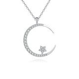 925 Sterling Silver Elegant Silver Crescent Moon & Star Zircon Pendant Necklace