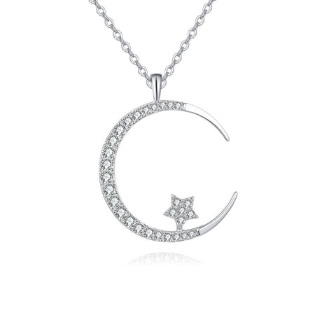 925 Sterling Silver Elegant Silver Crescent Moon & Star Zircon Pendant Necklace