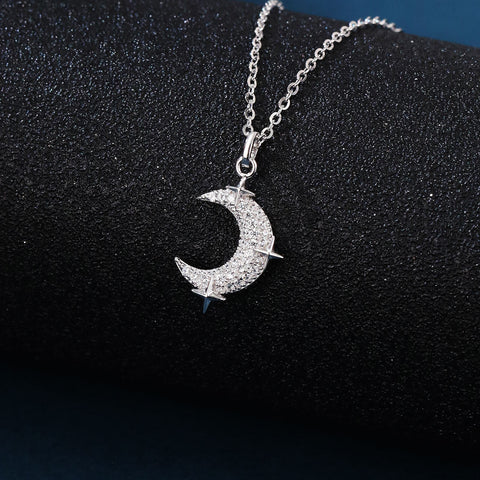 925 Sterling Silver Silver Crescent Moon And Star Zircon Pendant Necklace