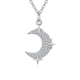925 Sterling Silver Silver Crescent Moon And Star Zircon Pendant Necklace