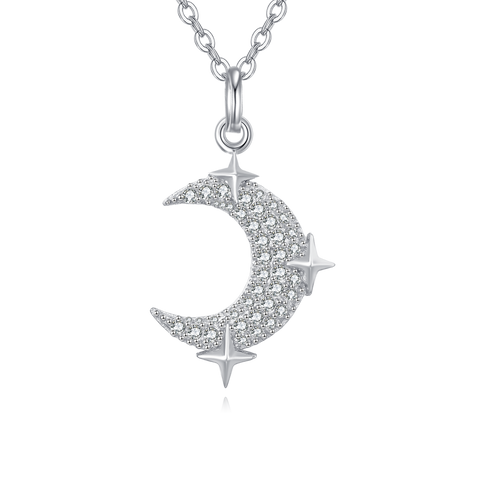 925 Sterling Silver Silver Crescent Moon And Star Zircon Pendant Necklace