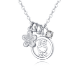 925 Sterling Silver **title:** Elegant Silver Necklace With Zircon Accents, Four-leaf Clover Charm, And Prosperity Symbol Pendant