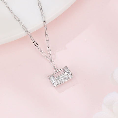 925 Sterling Silver Elegant Rectangular Zircon Encrusted Pendant Necklace With Silver Chain