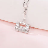 925 Sterling Silver Elegant Rectangular Zircon Encrusted Pendant Necklace With Silver Chain