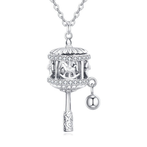 925 Sterling Silver Sterling Silver Carousel Pendant Necklace With Crystal Accents And Charm Bell