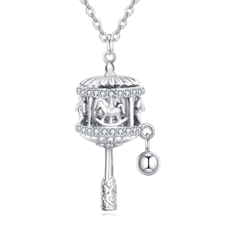 925 Sterling Silver Sterling Silver Carousel Pendant Necklace With Crystal Accents And Charm Bell