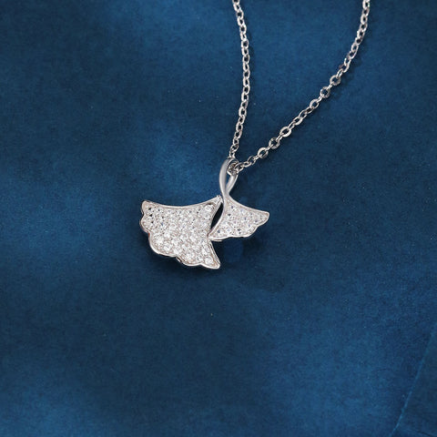 925 Sterling Silver Silver Ginkgo Leaf Zircon Pendant Necklace