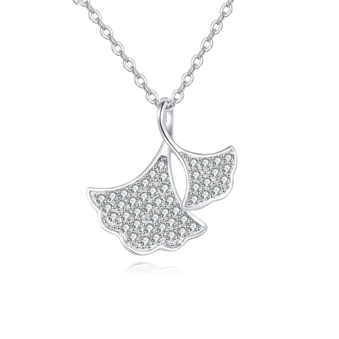 925 Sterling Silver Silver Ginkgo Leaf Zircon Pendant Necklace