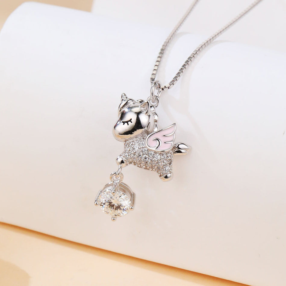 925 Sterling Silver Enchanted Unicorn Wing Pendant Necklace With Moissanite Accents