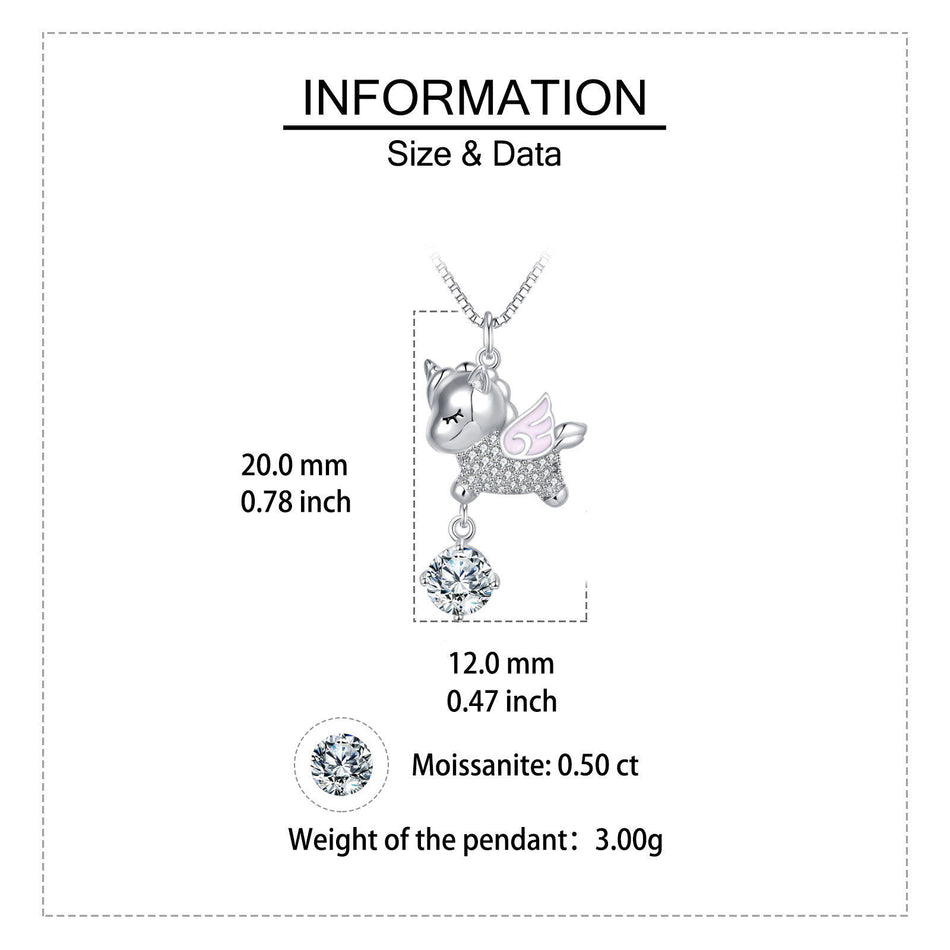 925 Sterling Silver Enchanted Unicorn Wing Pendant Necklace With Moissanite Accents