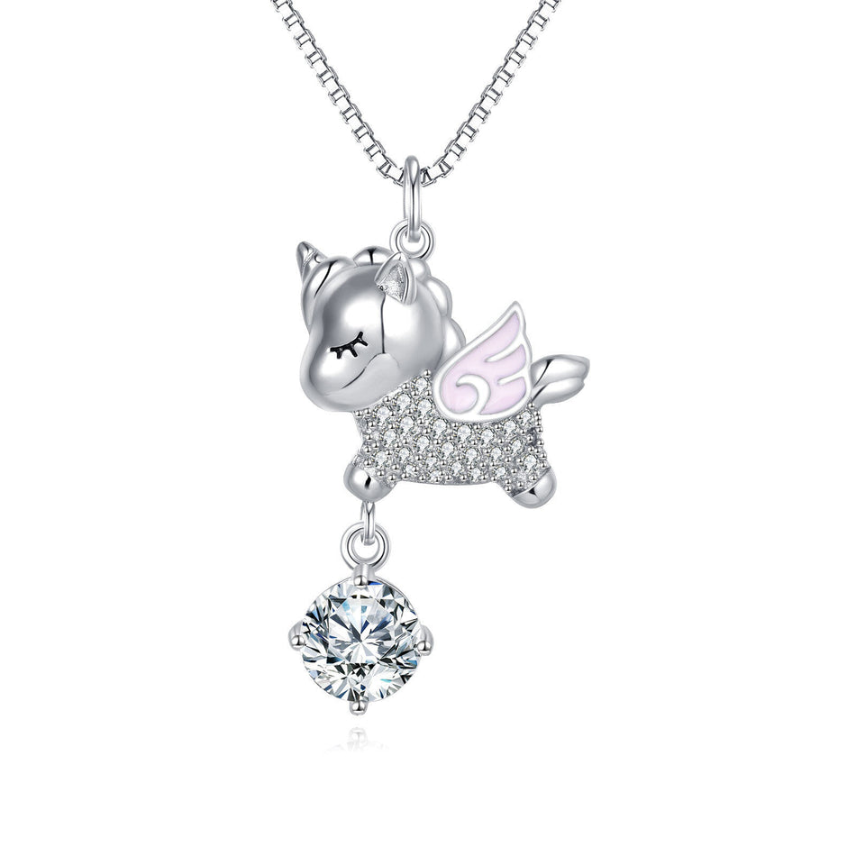 925 Sterling Silver Enchanted Unicorn Wing Pendant Necklace With Moissanite Accents