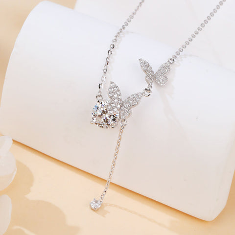 925 Sterling Silver Elegant Moissanite-encrusted Butterfly Pendant Necklace With Timeless Charm