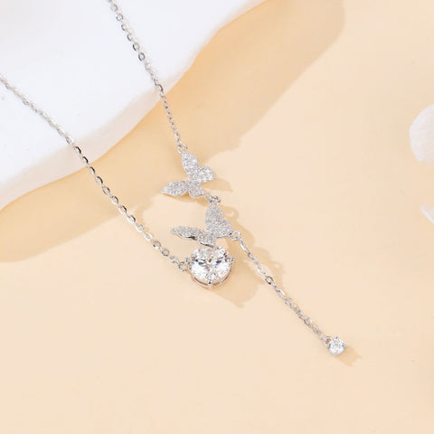 925 Sterling Silver Elegant Moissanite-encrusted Butterfly Pendant Necklace With Timeless Charm