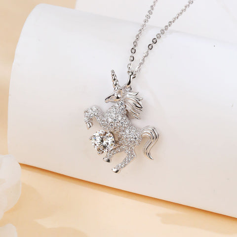 925 Sterling Silver Elegant Silver Unicorn Pendant Necklace With Moissanite Accents
