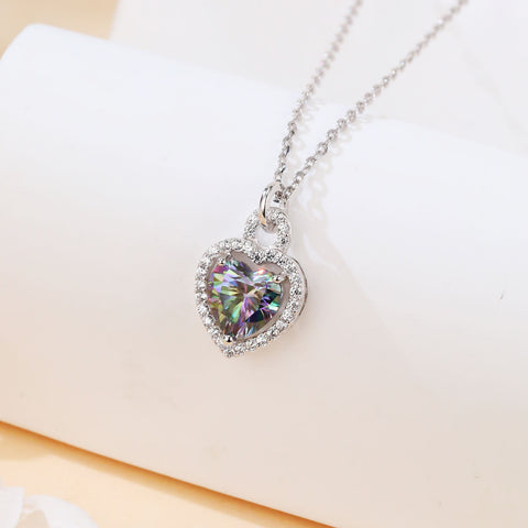 925 Sterling Silver Elegant Heart-shaped Mystic Topaz Pendant Necklace With Moissanite Halo