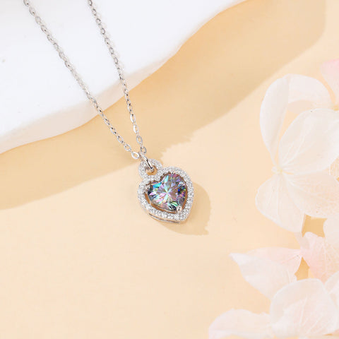 925 Sterling Silver Elegant Heart-shaped Mystic Topaz Pendant Necklace With Moissanite Halo