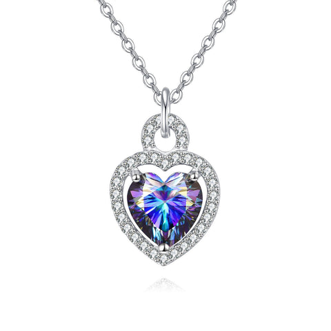 925 Sterling Silver Elegant Heart-shaped Mystic Topaz Pendant Necklace With Moissanite Halo