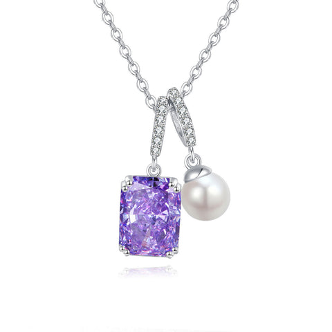925 Sterling Silver Elegant Silver Necklace With Purple Gemstone And Pearl Pendant