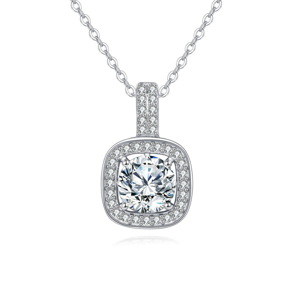 925 Sterling Silver Elegant Moissanite Square Pendant Necklace: Timeless Luxury In Plated with White Gold