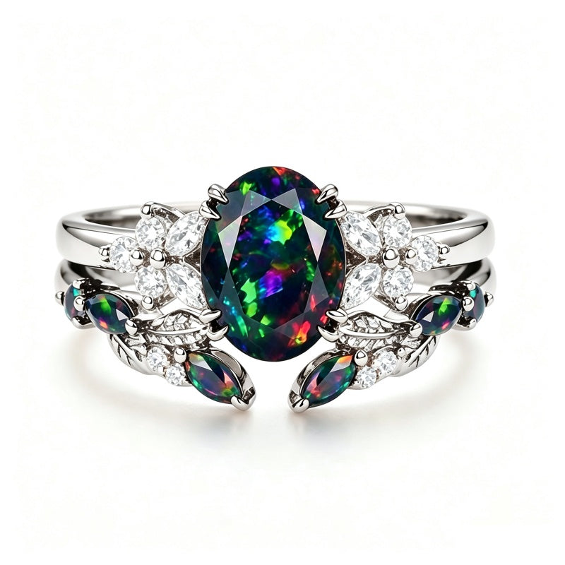 Sterling Silver 10K  14K  18K  Gold Personalized Engraved Black Opal Engagement Wedding Promise Ring for Her