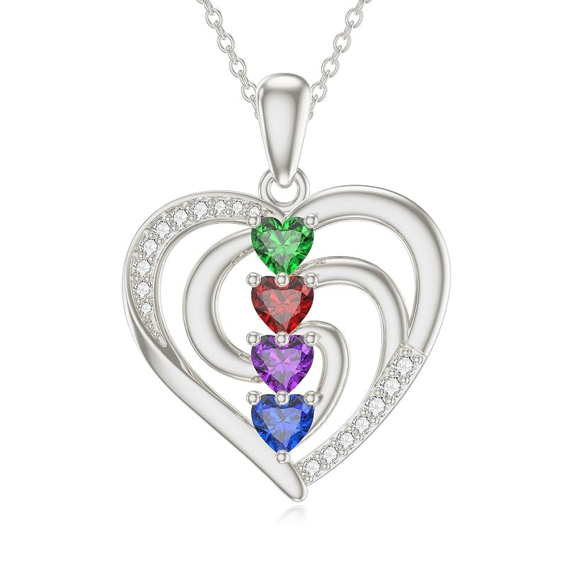 10K 14K 18K Solid Gold Personalized Engraved 1-4 Birthstone Heart Necklaces for Women