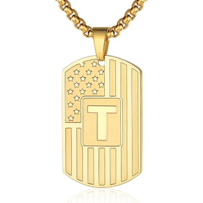 14K Gold Plated Initial A-Z American Flag Dog Tag Necklace for Men