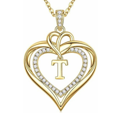 14K Gold Plated Initial Double Heart Pendant Necklace Anniversary Birthday Gifts for Women
