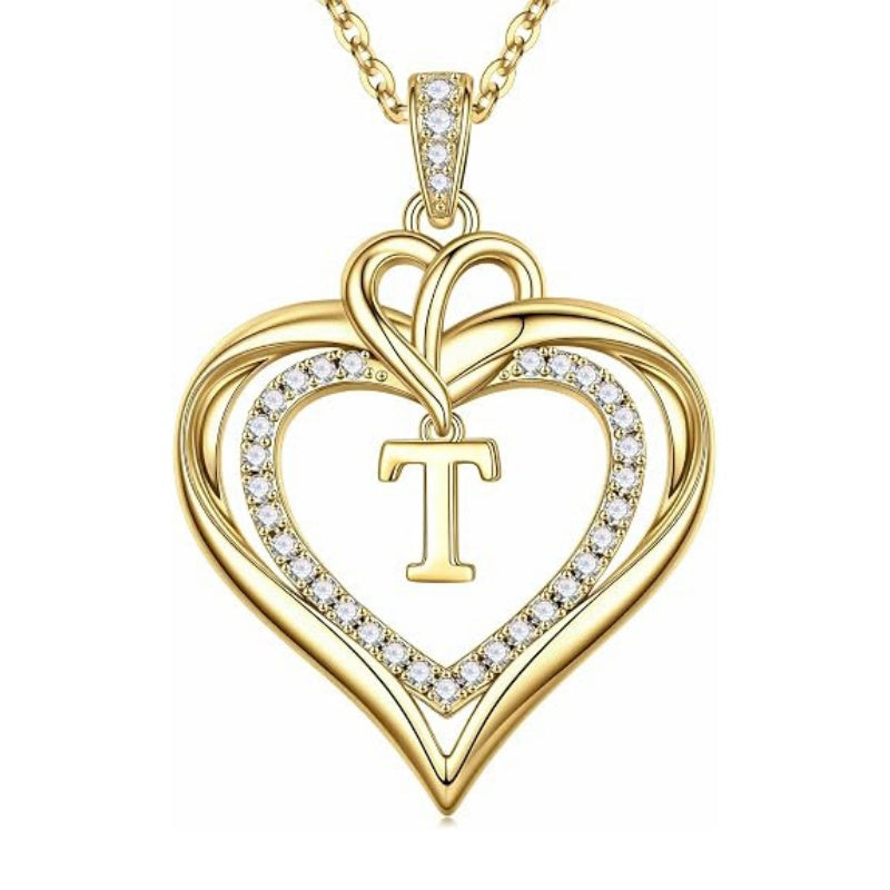 14K Gold Plated Initial Double Heart Pendant Necklace Anniversary Birthday Gifts for Women