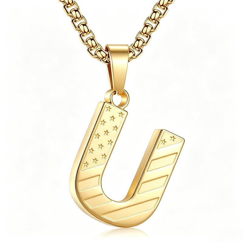 14K Gold Plated American Flag Initial Pendant Necklace for Men
