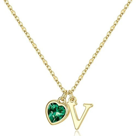 14K Gold Plated Initial A-Z Heart Birthstone Letter Necklace