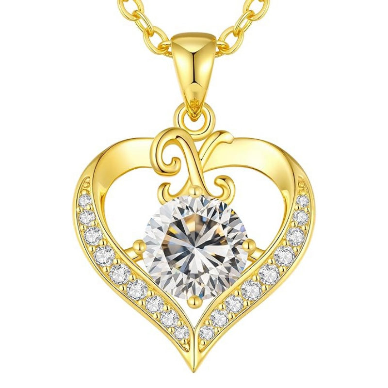 14K Gold Plated Initial Love Heart 2 Carat Moissanite Necklaces for Women Christmas Anniversary Birthday Present Gifts