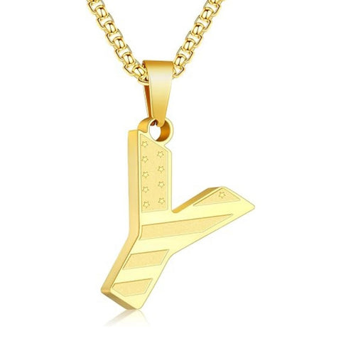 14K Gold Plated American Flag Initial Pendant Necklace for Men
