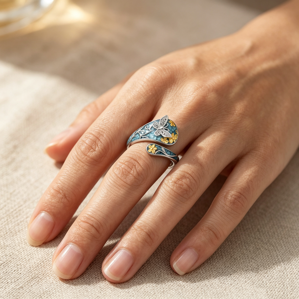 Sterling Silver Turquoise Hummingbird Butterfly Sunflower Adjustable Spoon Ring