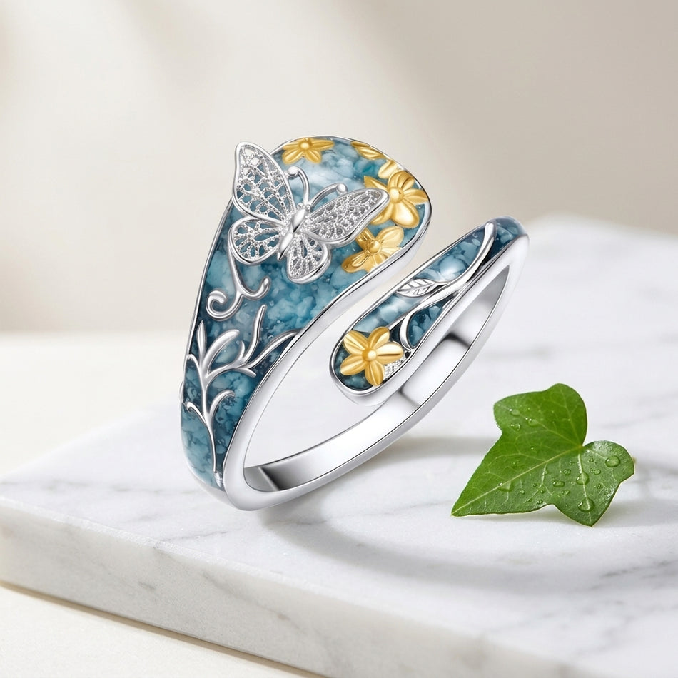 Sterling Silver Turquoise Hummingbird Butterfly Sunflower Adjustable Spoon Ring