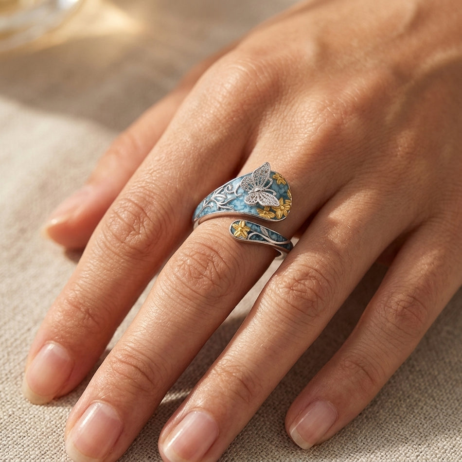 Sterling Silver Turquoise Hummingbird Butterfly Sunflower Adjustable Spoon Ring
