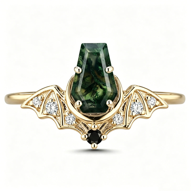 Sterling Silver 10K 14K  18K Gold Personalized Engraved Moss Agate Gothic Promise Wedding Engagement Black Ring Set