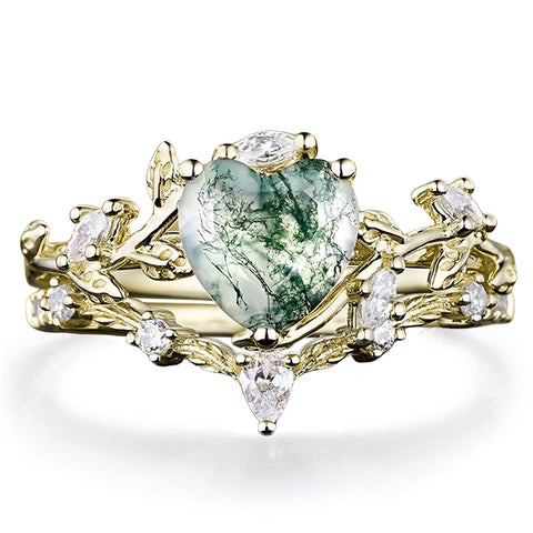 Sterling Silver 2CT Heart Green Moss Agate Wedding Engagement Ring Set for Women